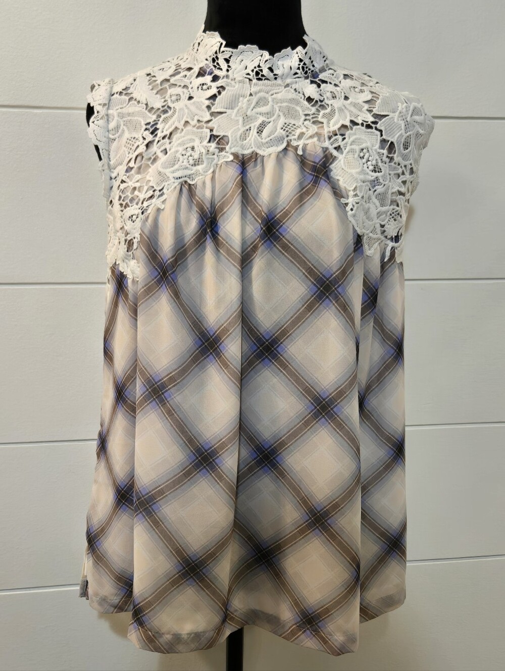 LOFT Cream Plaid Lace Sleeveless Tunic